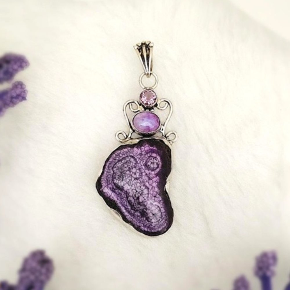 Solar Quartz (pd4) Amethyst Pendant Genuine Gemstones Purple 925 Silver 2.75" L